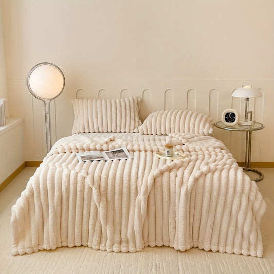 1pc Cozy Contemporary Striped Plush Blanket, Thickened Polyester Fabric, Multipurpose All-Season Bedspread, Nap, And Pet Blanket, 250-300Gsm